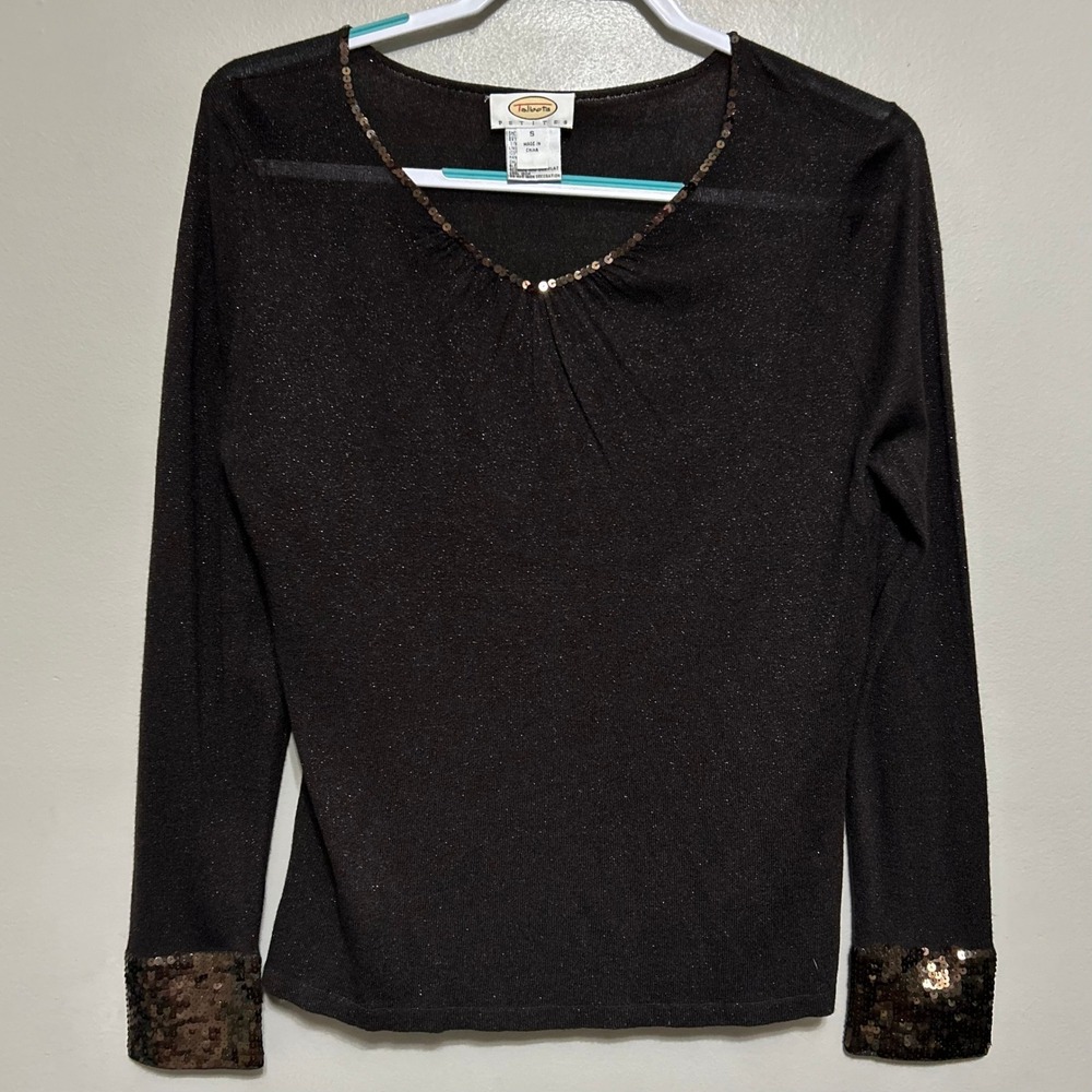 Talbots Blouse SP Brown Sequin V-Neck Shimmer Sheer Long Sleeve